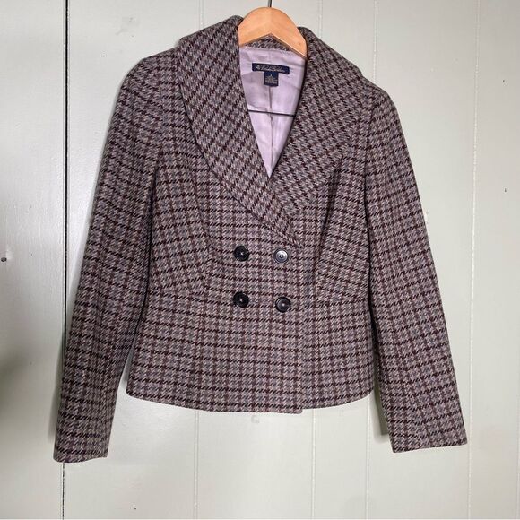 Brooks Brothers Robert Noble‎ Beige Brown Houndstooth Wool Tweed Blazer Size 6 - Picture 1 of 9
